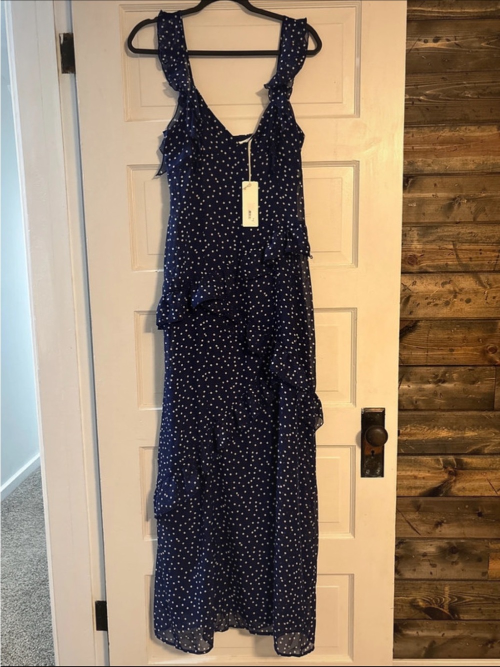 Altar'd State Navy Blue Polka Dot Ruffle Maxi Dress